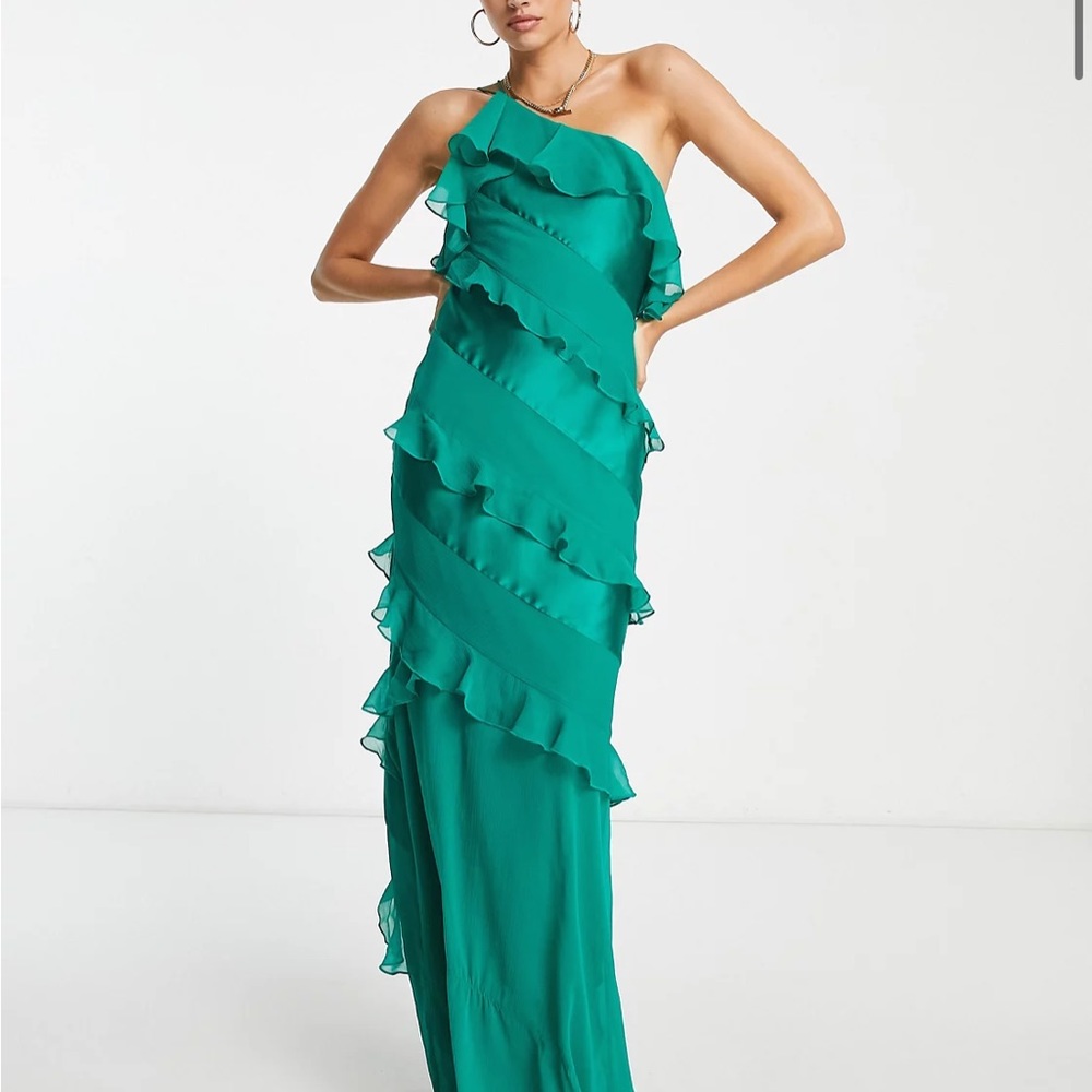 ASOS satin bias ruffle maxi dress green